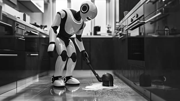 Robot cleans the house. Modern technologies in the form of a home assistant for cleaning and housekeeping. AI