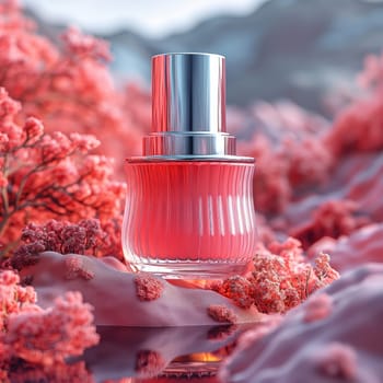 A bottle of perfume resting on a bed of colorful flowers.
