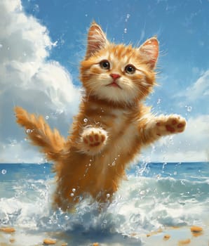 A kitten playing on the beach, on a sunny day, beautiful day in summer