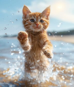 A kitten playing on the beach, on a sunny day, beautiful day in summer