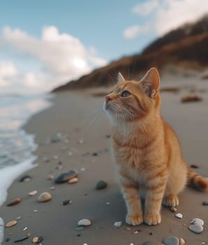 An orange cute cat at the beach on a sunny day