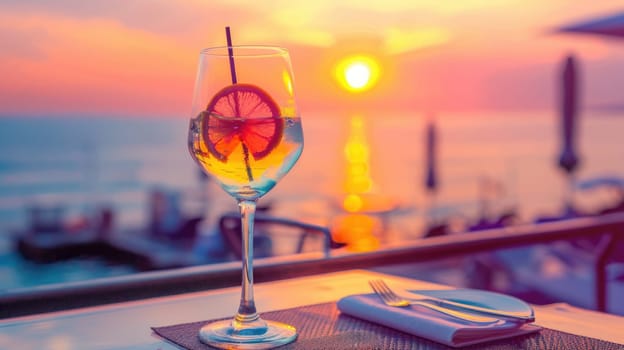 Romantic sunset dinner on the beach. Honeymoon and travel time AI