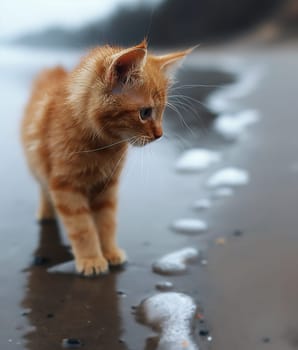 orange kitten relaxing on a sunny day at the beach