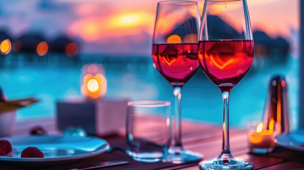 Romantic sunset dinner on the beach. Honeymoon and travel time AI