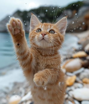 A kitten playing on the beach, on a sunny day, beautiful day in summer