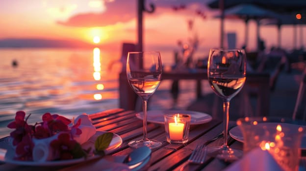 Romantic sunset dinner on the beach. Honeymoon and travel time AI