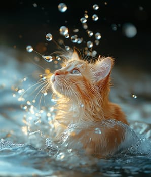 orange cat swimming in the sea at the beach in a sunny day