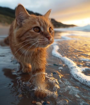 An orange cat walking at the beach with beautiful sunset, peaceful day