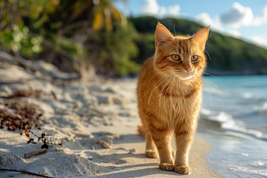 An orange cute cat at the beach on a sunny day