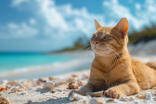 orange cat relaxing on a sand beach looking into the distance.