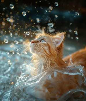 orange cat playing with water in the sea at the beach in a sunny day