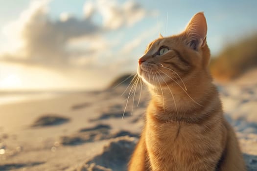 orange cat relaxing on a sand beach looking into the distance.