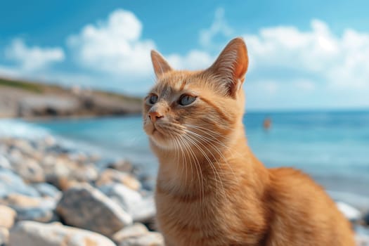 orange cat relaxing on a sand beach looking into the distance.