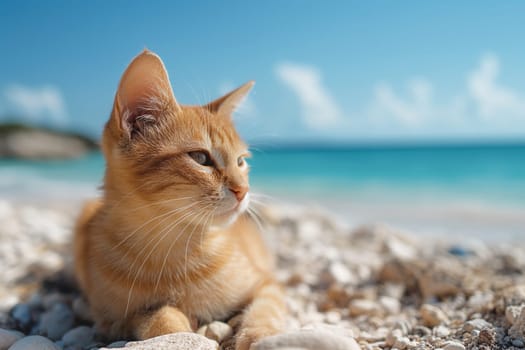 orange cat relaxing on a sand beach looking into the distance.