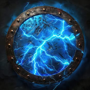 The shield crackled with blue lightning, creating an electrifying atmosphere. Fantasy element AI