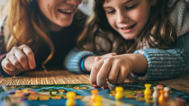 Family playing board game. Mom and daughter playing board games, close up AI