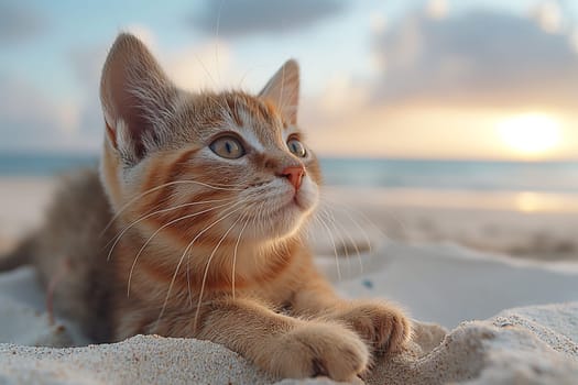 orange cat relaxing on a sand beach looking into the distance.