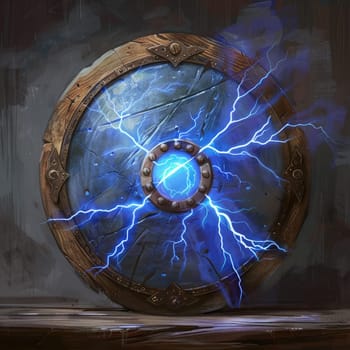 The shield crackled with blue lightning, creating an electrifying atmosphere. Fantasy element AI