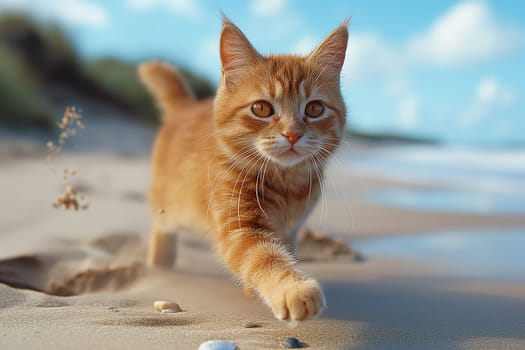 orange kitten relaxing on a sand beach looking into the distance.