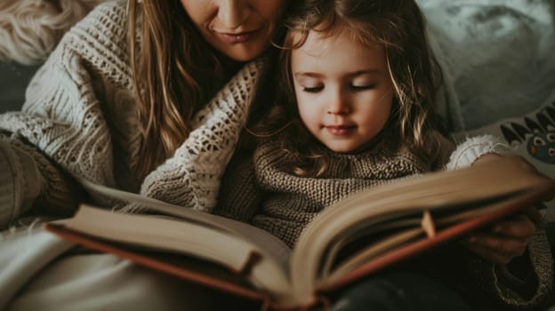 Happy mother and daughter reading book on bed in bedroom at home AI