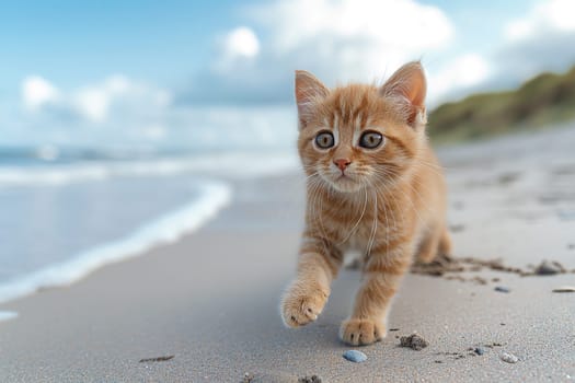 orange kitten relaxing on a sunny day at the beach