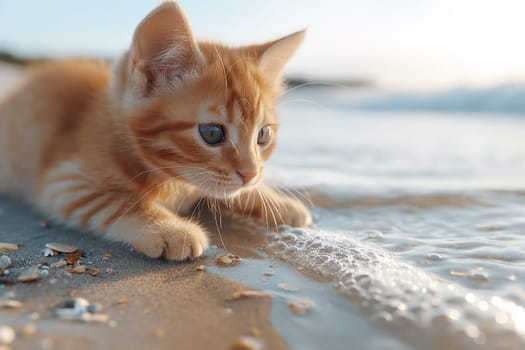 orange kitten relaxing on a sunny day at the beach