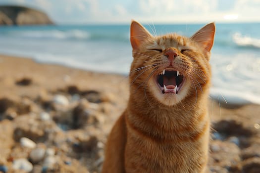 A surprise orange cat, yawing feline at beach, on sand