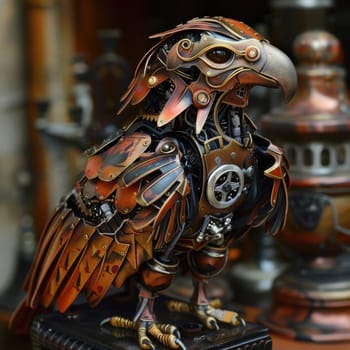 Sculpture of a eagle bird made out of metal pieces, with a shiny beak and detailed wings AI