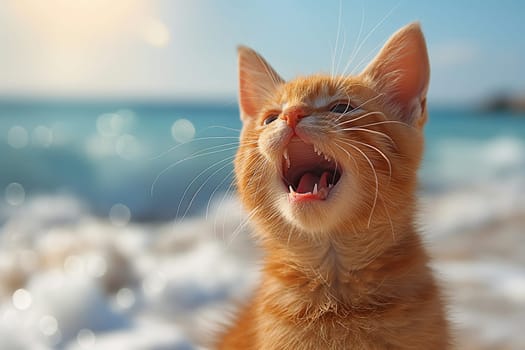 An orange cat yawing at the beach