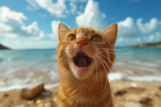 An orange cat yawing at the beach