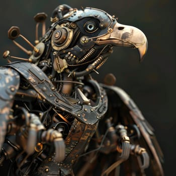 Sculpture of a eagle bird made out of metal pieces, with a shiny beak and detailed wings AI