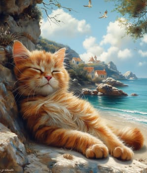 An orange kitten walking at the beach on beautiful sunny day, peaceful day