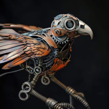 Sculpture of a eagle bird made out of metal pieces, with a shiny beak and detailed wings AI