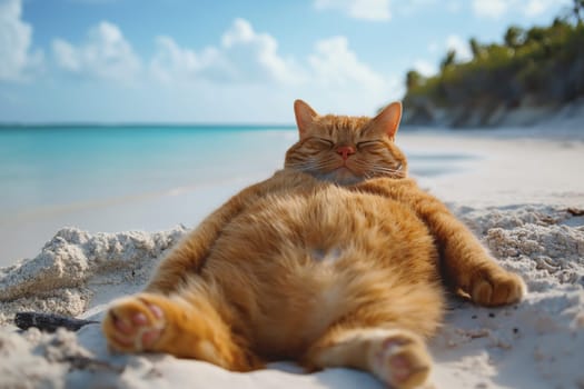 Orange fat cat relax on a sand beach lay on sand