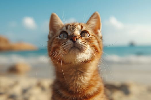 An orange cute cat at the beach on a sunny day