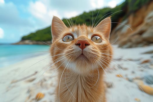 An orange cat walking at the beach on beautiful sunny day, peaceful day, pebble