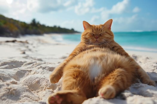 Orange fat cat relax on a sand beach lay on sand