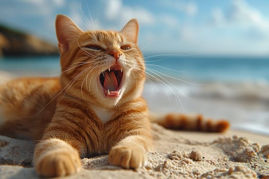 A surprise orange cat, yawing feline at beach, on sand