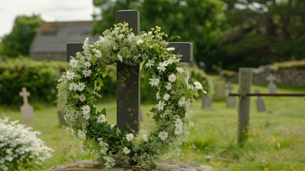 A funeral wreath against the background of a monument to the deceased AI