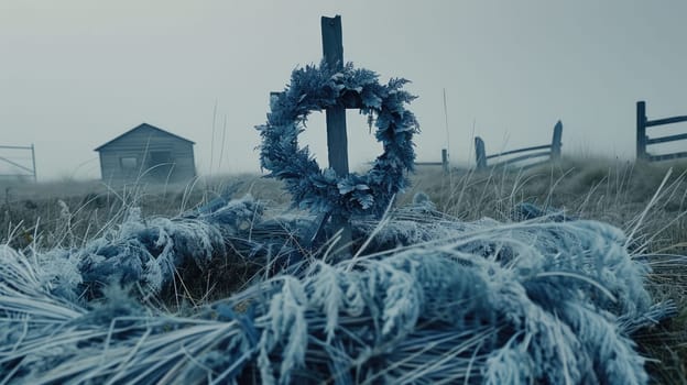 A funeral wreath against the background of a monument to the deceased AI