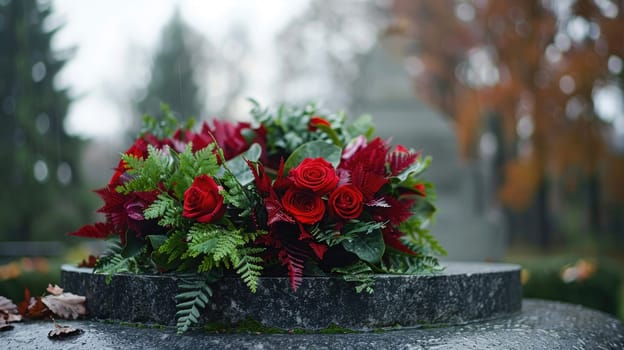 A funeral wreath against the background of a monument to the deceased AI