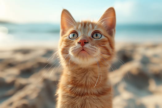 An orange cute cat at the beach on a sunny day