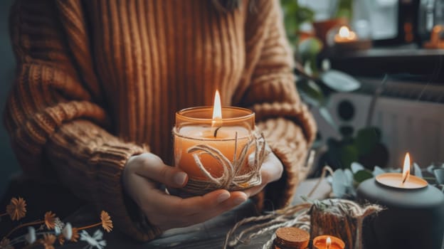 Woman holding a homemade candle in her hands AI