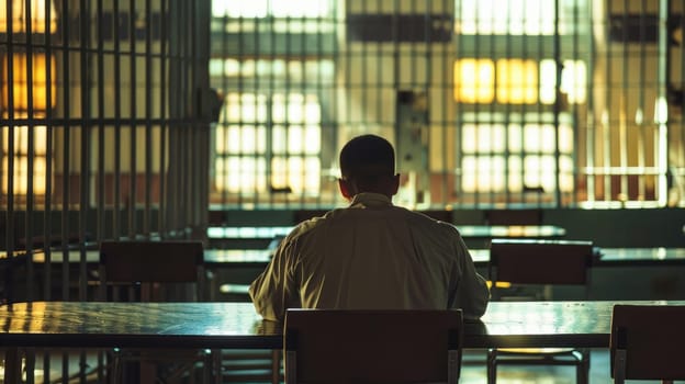 A lonely prisoner sits in the prison dining room. Gloomy room, view from the back. AI