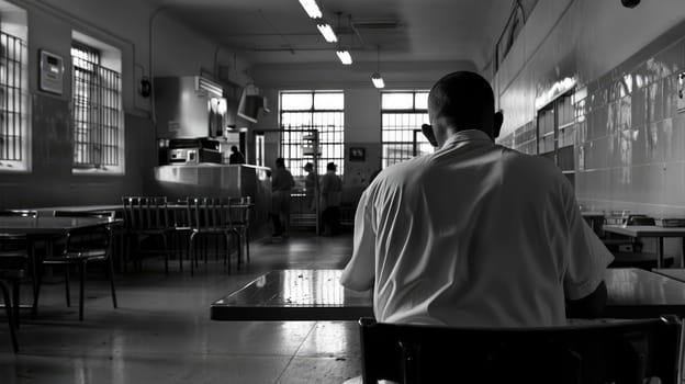 A lonely prisoner sits in the prison dining room. Gloomy room, view from the back. AI