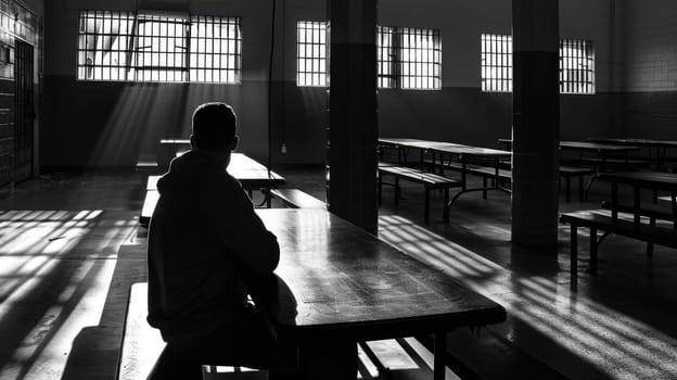 A lonely prisoner sits in the prison dining room. Gloomy room, view from the back. AI