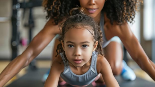 Mother and little daughter are doing exercise in the stadium. Family doing fitness at the stadium. Healthy family concept AI