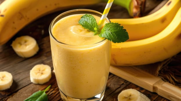 Healthy breakfast of yogurt with banana. Banana smoothie AI