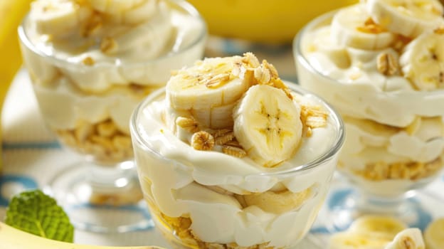 Healthy breakfast of yogurt with banana. Banana smoothie AI