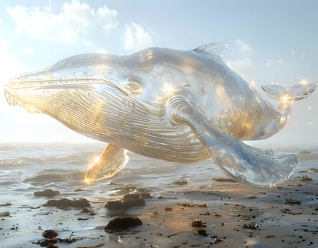 A plastic whale with a Kemps ridley sea turtle shape is soaring in the sky above a beach, symbolizing the impact of marine pollution on marine biology